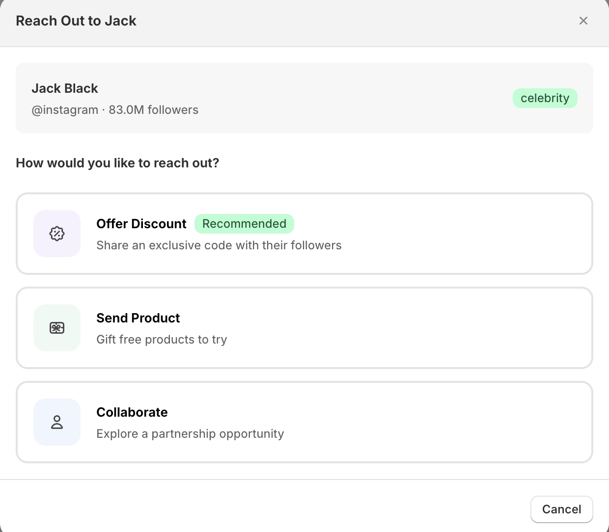Reach Out modal showing three outreach options: Offer Discount, Send Product, and Collaborate